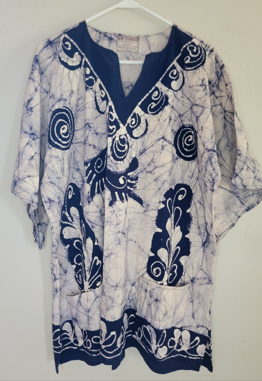 Gypsy Rose Batik Tunic Top No Size Kimono Sleeve Deep V Neck Indigo Natural